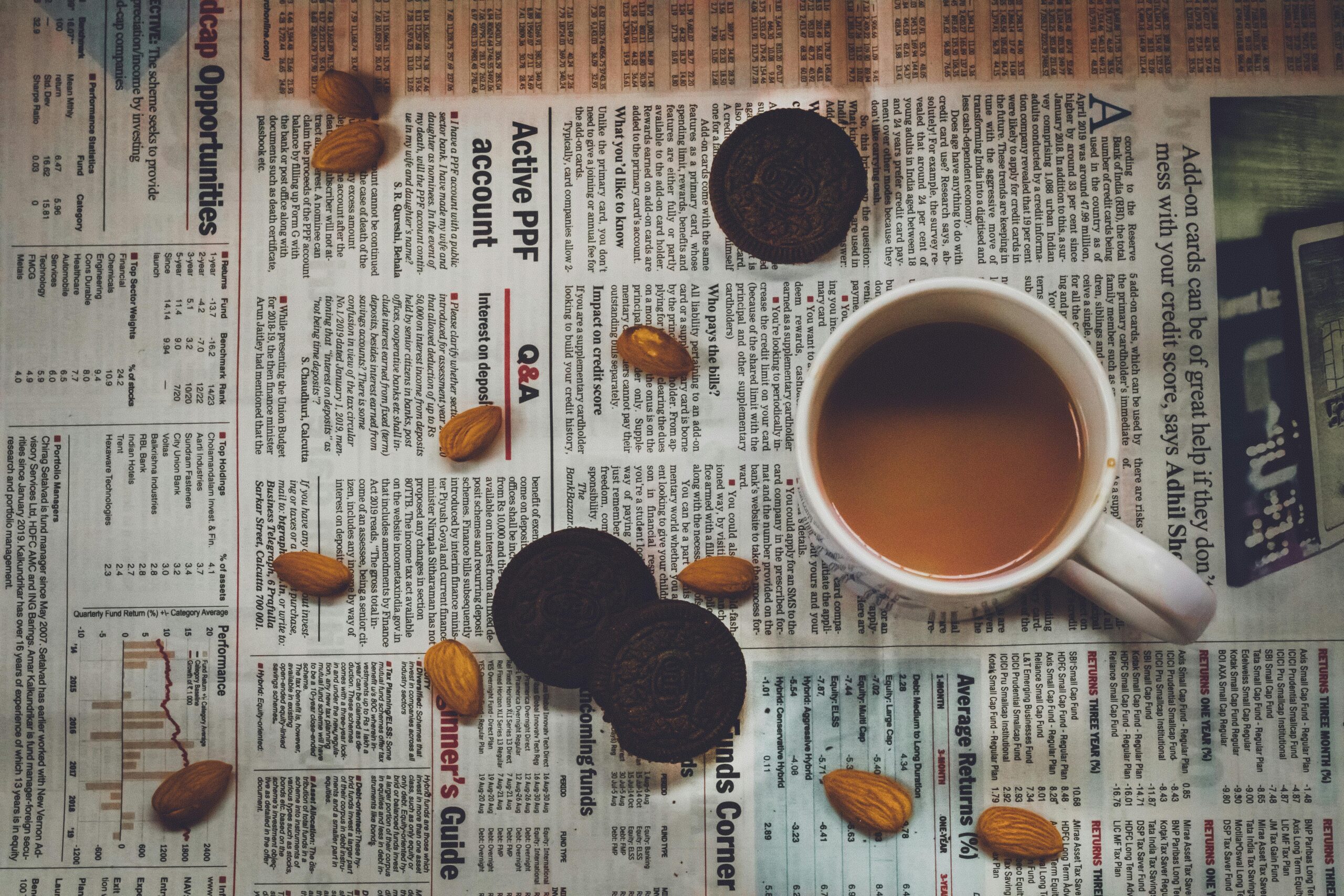 A cozy setup with coffee, cookies, and almonds on a newspaper, perfect for breakfast vibes.